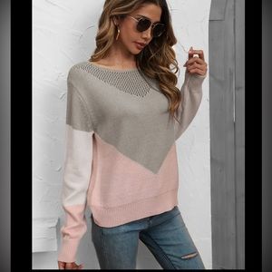 large Eyelet Color Block Sweater, Casual Long Sleeve Sweater